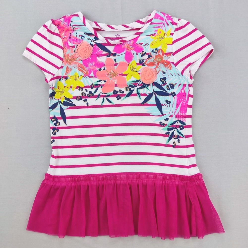 Epic Threads Top Girls 6 Pink White Striped‎ Floral Mesh Ruffle Peplum T-Shirt